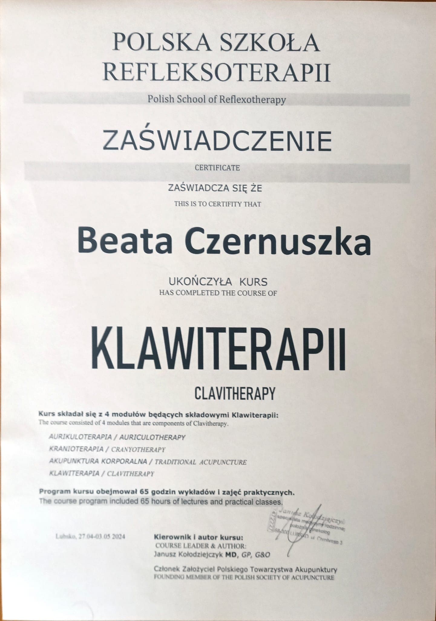 Certyfikat klawiterapii — Towarzystwo Klawiterapii