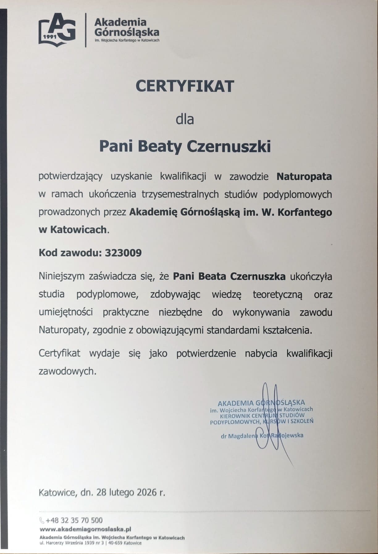 Dyplom naturoterapeuty — Akademia Górnośląska w Katowicach